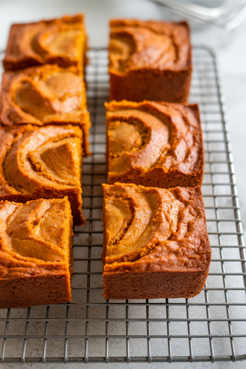 An indoor cooling rack with bite-sized squares of pumpkin banana bread, slightly glossy from a light butter brush. No text or logos.