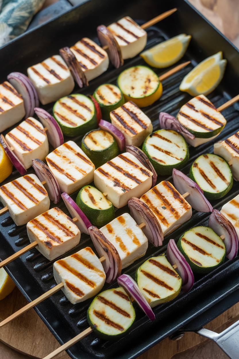 An indoor grill pan holding skewers of halloumi cubes, zucchini rounds, and red onion, grill marks visible, lemon wedges on the side. No text or logos anywhere.