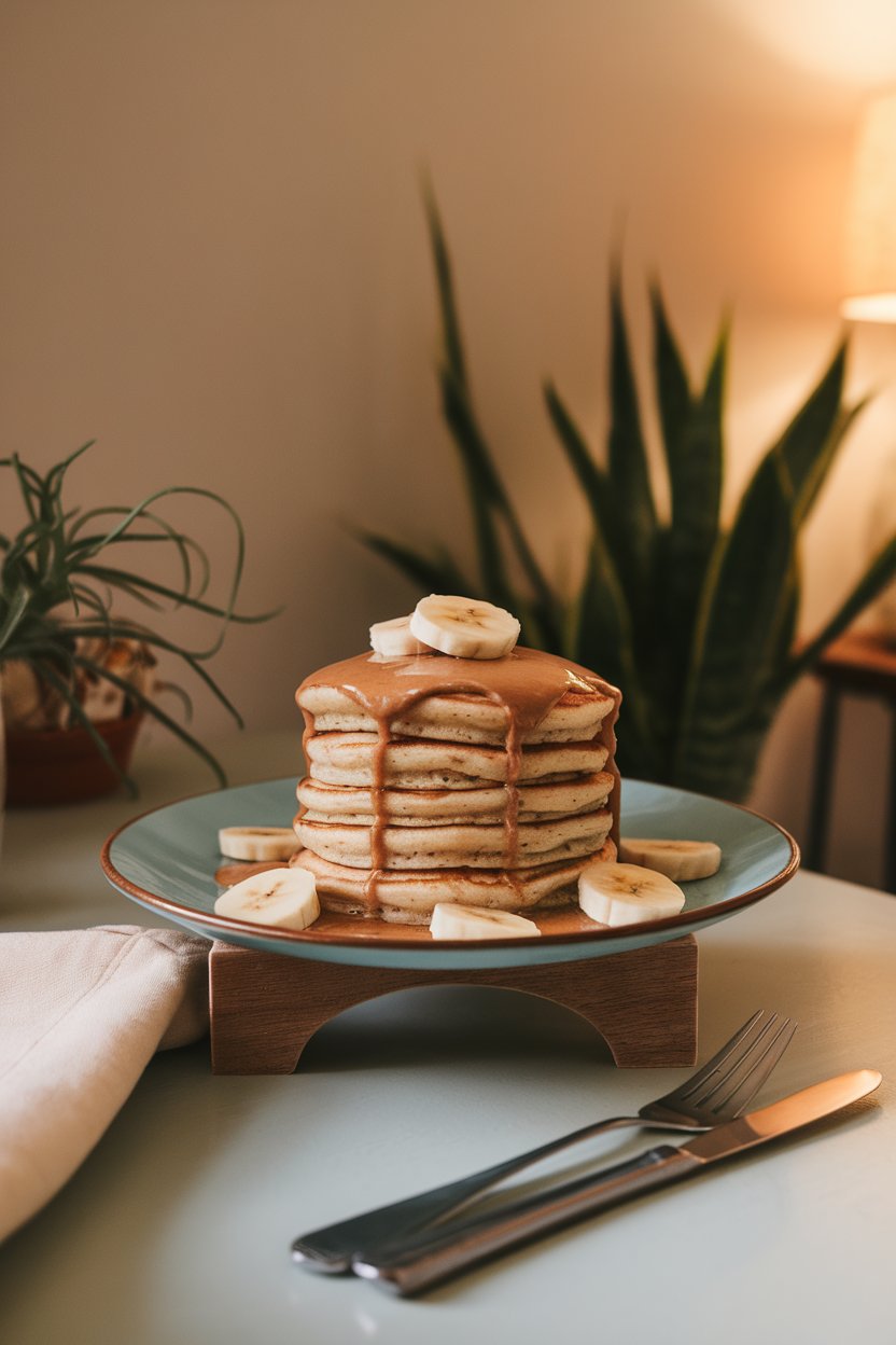 Plate of fluffy banana pancakes topped with a drizzle of almond butter and fresh banana slices on an indoor dining table; warm, cozy lighting, no text or logos.