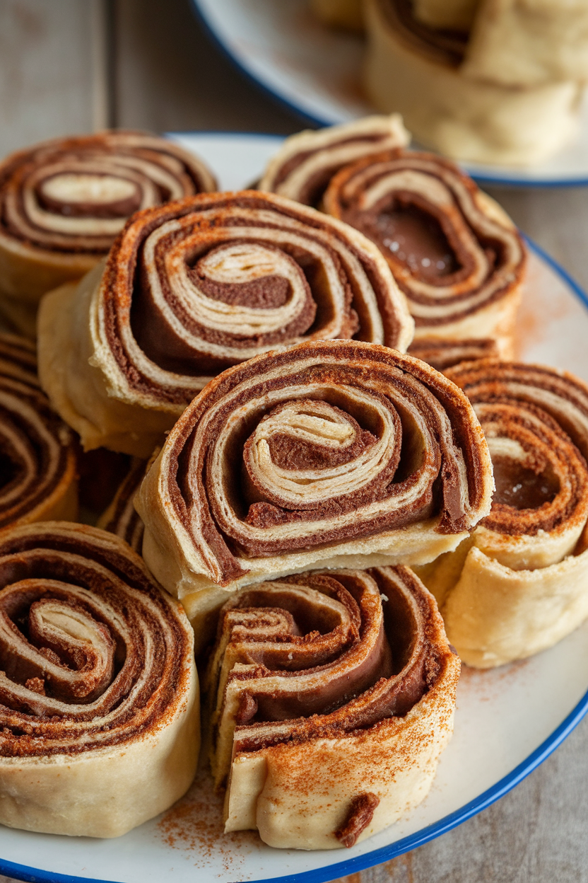 Indoor table with sliced chocolate rugelach, spirals revealing layers of dough and filling, sprinkled with cinnamon-sugar. Photo, no text or logos.