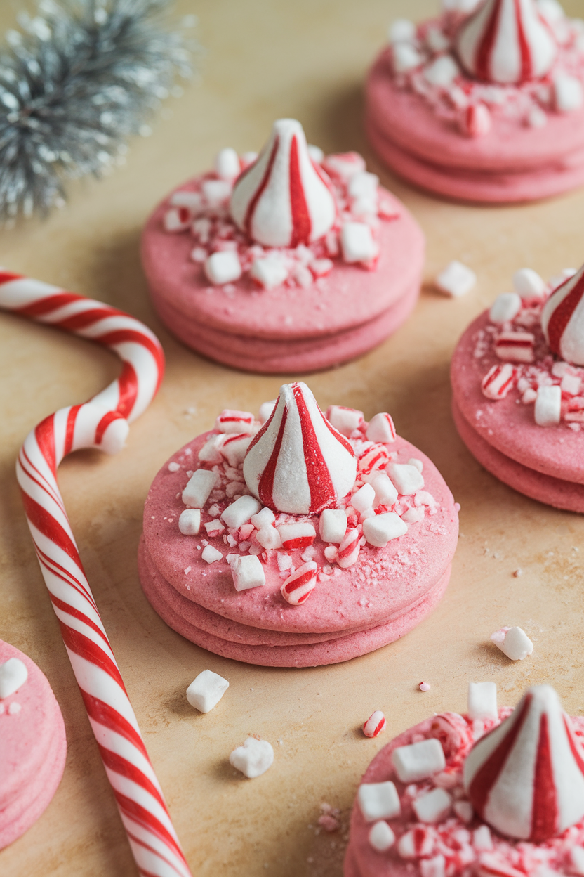 Indoor tabletop showing pink-tinged sugar cookies studded with crushed candy canes and crowned with striped peppermint kisses. Photo, no text or logos.