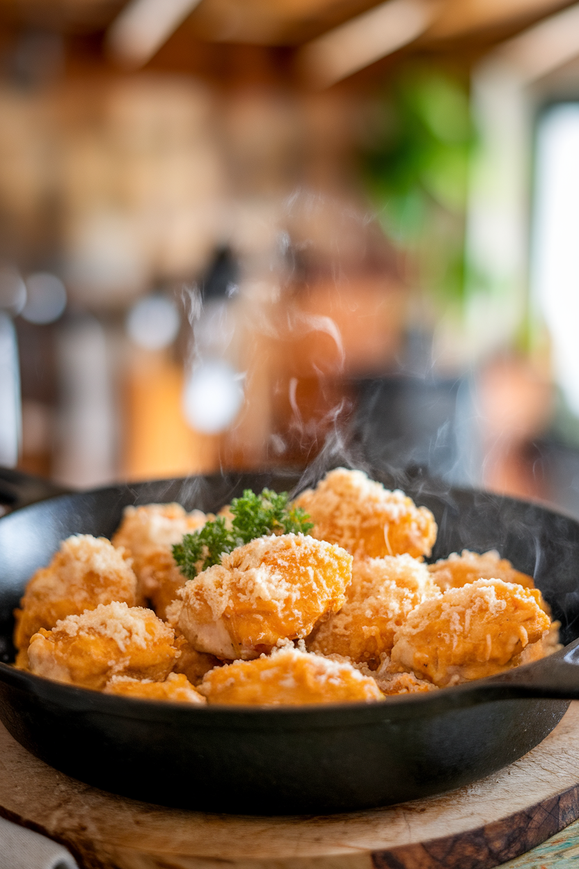 An indoor skillet filled with golden chicken nuggets coated in garlic butter and grated Parmesan, parsley garnish, no text or logos.