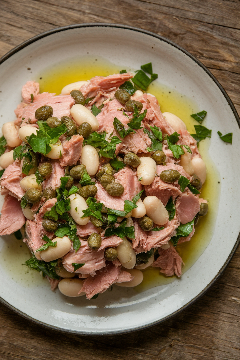 Indoor plate showing a rustic salad of flaked canned tuna, cannellini beans, chopped parsley, and capers drizzled with olive oil; no text or logos, photo style.