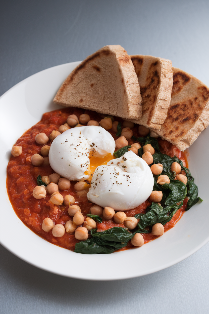 Indoor photo of a serving of tomato-poached eggs and chickpeas with wilted spinach, accompanied by sliced whole-wheat pita on a plate. No text or logos.