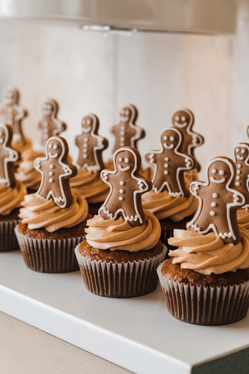 Photo of indoor counter with cupcakes topped by miniature iced gingerbread men standing upright in spiced buttercream, no text or logos.