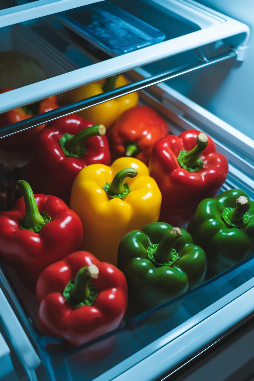 Photo, indoor produce drawer with red, yellow, and green bell peppers arranged neatly, cool fridge lighting, no logos.