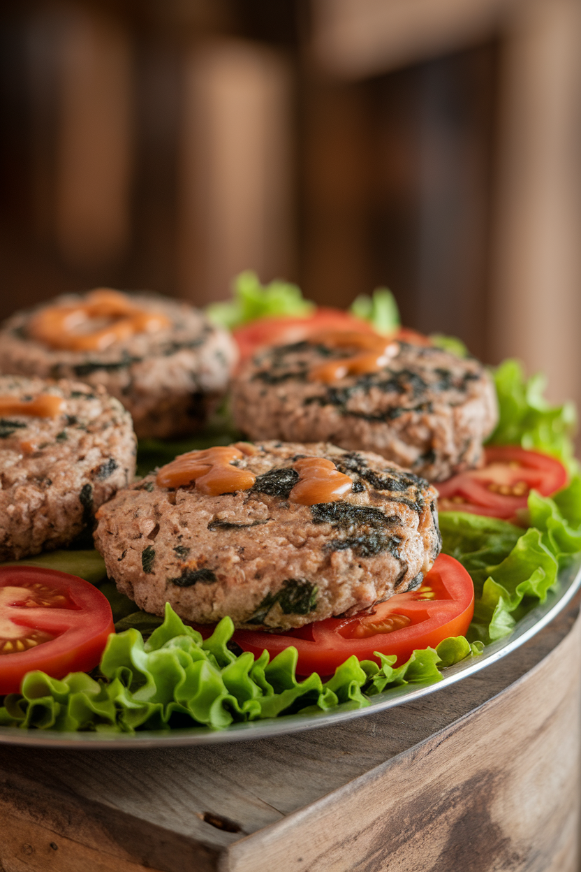 Indoor photo of cooked turkey burger patties with visible spinach flecks on a platter; no text or logos
