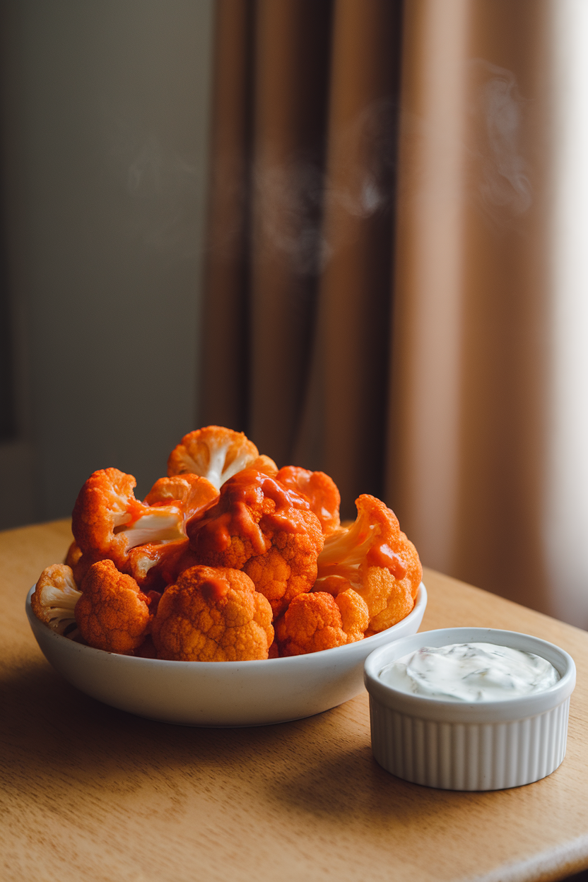 A photo of roasted cauliflower florets coated in orange buffalo sauce piled in a white bowl on an indoor coffee table. A ramekin of yogurt ranch dip sits beside them. Even lighting with slight steam visible; no text or logos present.
