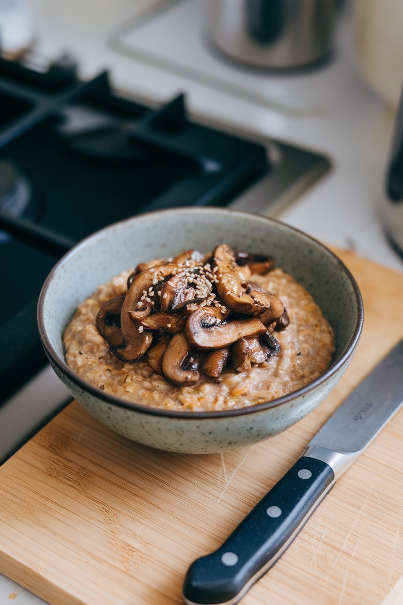 Indoor stovetop with a bowl of savory oatmeal topped with sautéed mushrooms and a sprinkle of sesame seeds. No text or logos. Photo.