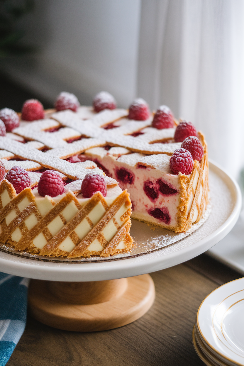 An indoor cake stand displaying a lattice-topped raspberry linzer torte, slice partly removed, photo, no text or logos.