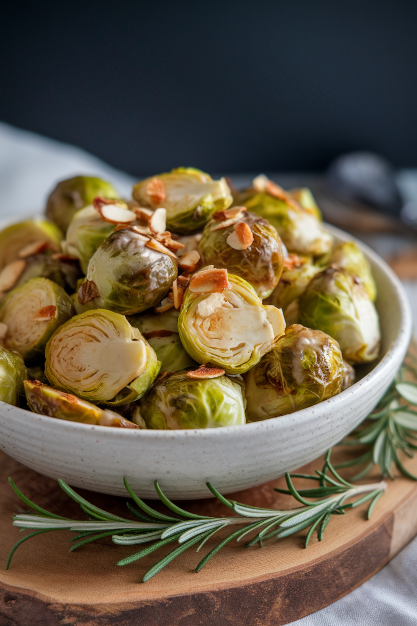 Indoor serving bowl filled with roasted Brussels sprouts coated in a light maple glaze and sprinkled with toasted almond slivers. No text or logos present.