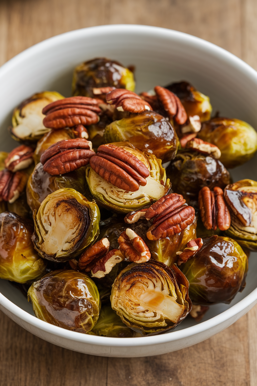 A white indoor bowl filled with caramelized Brussels sprouts glistening with maple glaze and sprinkled with toasted pecans. No text or logos anywhere.