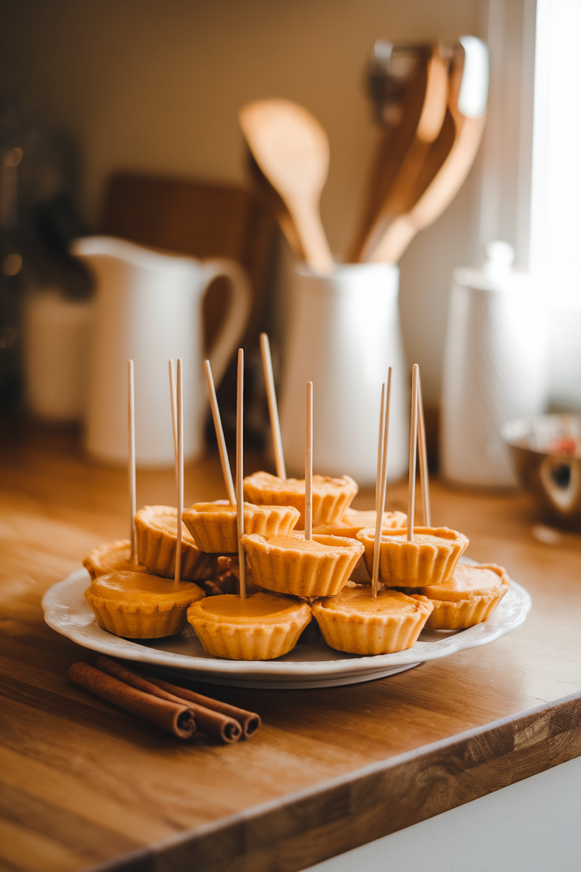 A warmly lit indoor kitchen island displaying a white plate piled high with golden mini pumpkin pies on lollipop sticks, a few cinnamon sticks beside them for garnish. Photo, no text or logos anywhere in the scene.