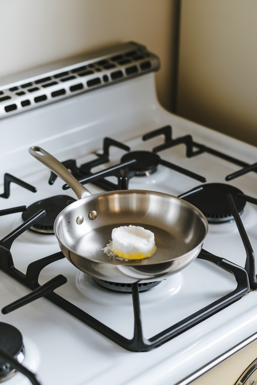 An indoor stove scene showing a small stainless skillet with a teaspoon of coconut oil melting, no brand names visible.