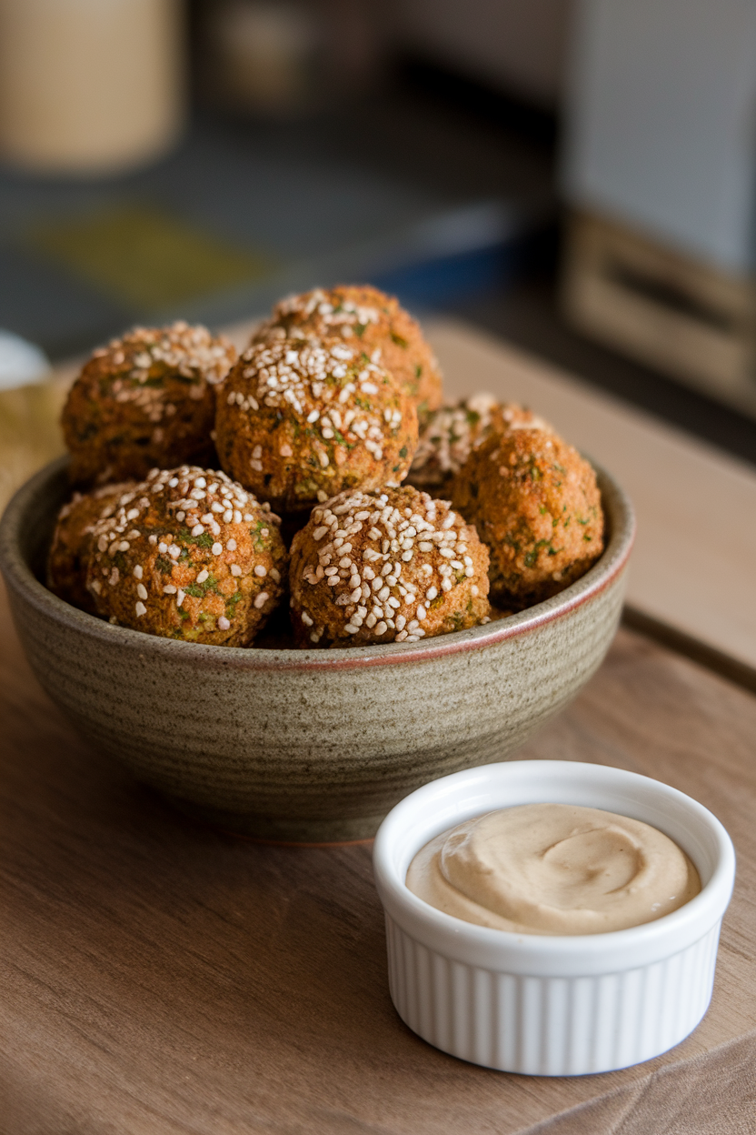 Photo of an indoor ceramic bowl filled with mini falafel, sesame-sprinkled, accompanied by a small ramekin of creamy tahini sauce; no text or logos.