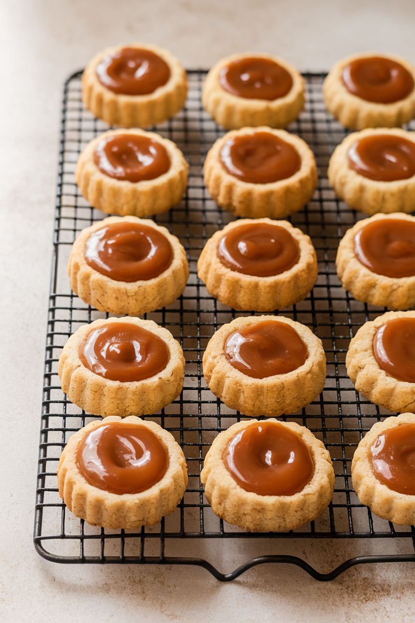 Indoor image of buttery thumbprint cookies filled with glossy dulce de leche, arranged neatly on a cooling rack; no logos. Photo, not illustration.