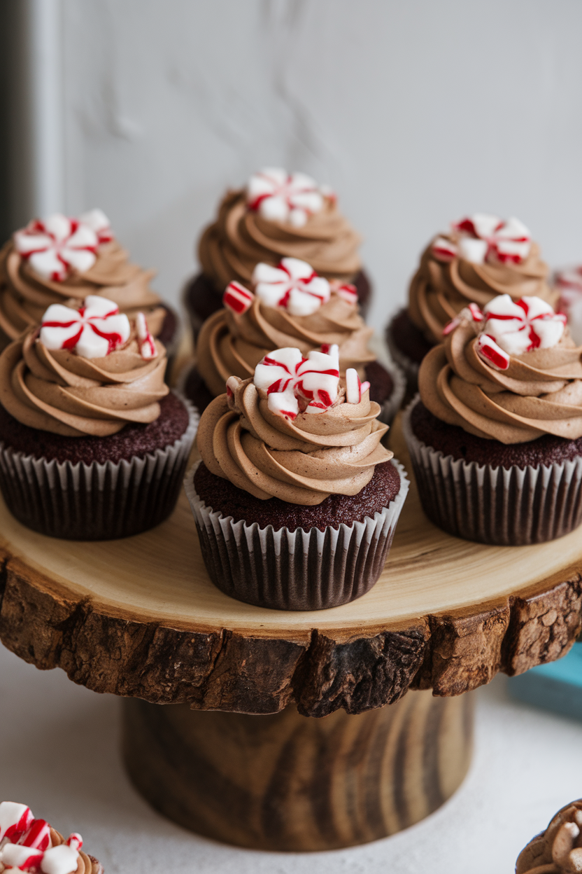 Indoor cupcake stand with chocolate cupcakes topped with swirls of mocha frosting and peppermint candy pieces. No text or logos.