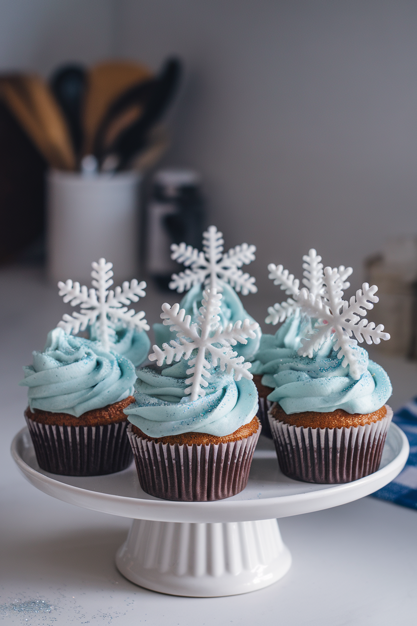 Photo of indoor kitchen island with cupcakes coated in pale blue buttercream and delicate white royal-icing snowflakes, edible glitter catching soft light, no text or logos.