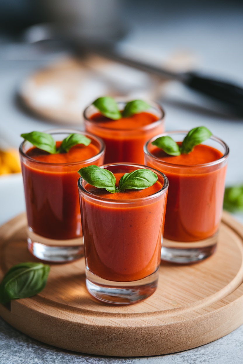 Indoor photo of small shooter glasses filled with bright red roasted pepper soup, topped with a mini basil leaf. No logos or text.