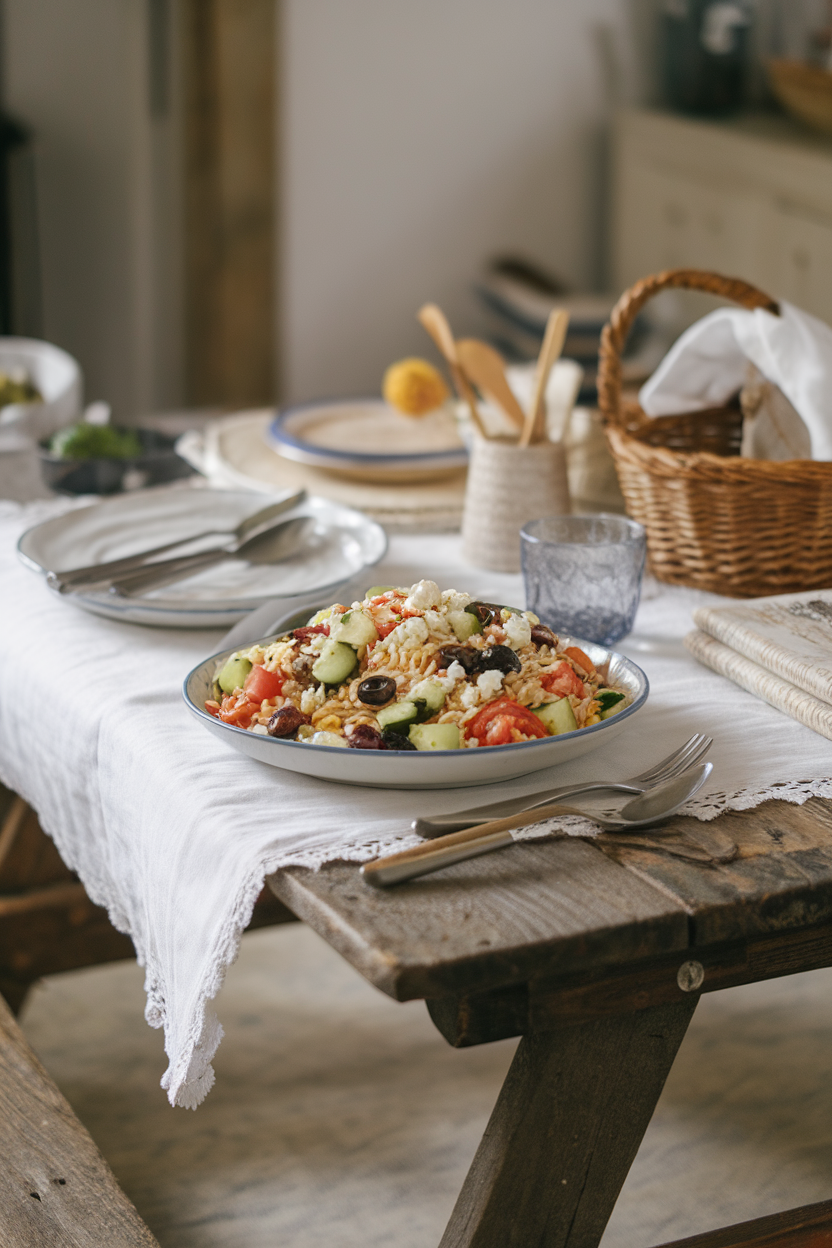 Indoor picnic-style table showing a colorful orzo salad with diced cucumbers, tomatoes, olives, and crumbled feta cheese. No logos or text; photo.