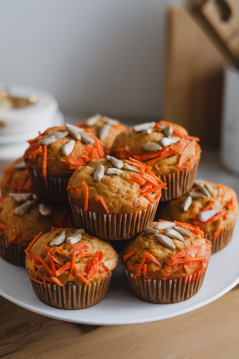 Indoor photo of hearty morning glory muffins showing shreds of carrot and apple, sunflower seeds on top, no text or logos