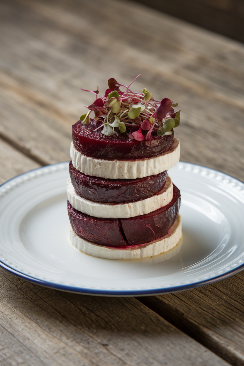 A white indoor plate stacking alternating rounds of roasted beet and goat cheese, microgreens crowning the top, photographed from the side. No text or logos visible.