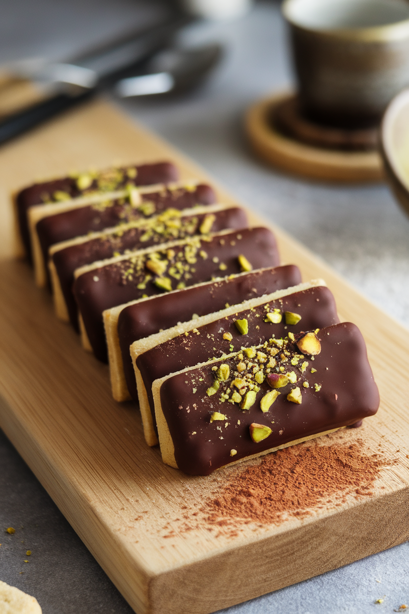 Indoor scene with rectangular shortbread fingers half-coated in glossy dark chocolate, sprinkled with crushed pistachios. Photo, no text or logos.