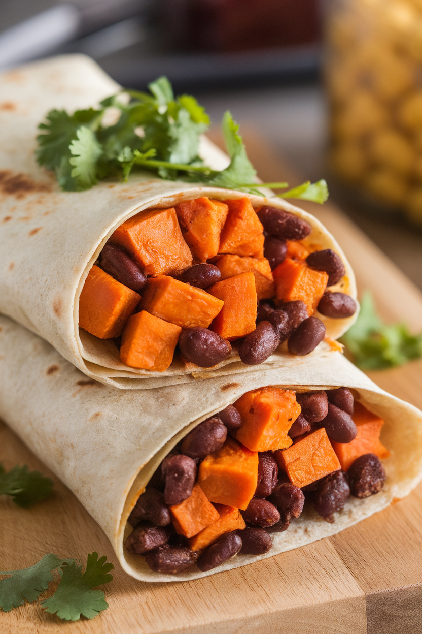 Indoor photo of a whole-wheat burrito filled with roasted sweet potato cubes and black beans, cut on the diagonal, no text or logos.