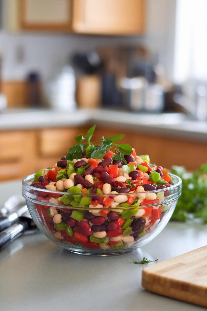 Photo prompt: An indoor bowl of colorful three-bean salad on a kitchen counter, garnished with fresh herbs, no text or branding.