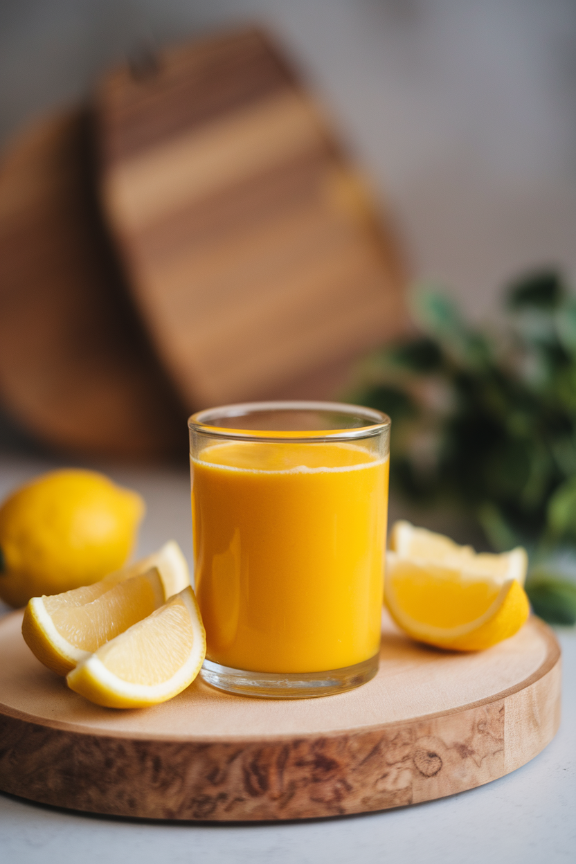 Indoor small glass filled with bright yellow turmeric-ginger shot on a wooden board with lemon wedges; no text or logos, photo style.