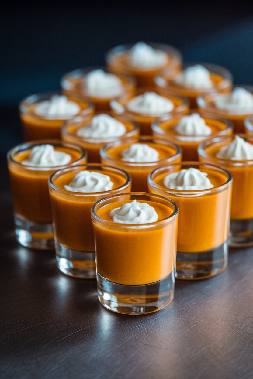 Indoor photo of small glass shot glasses filled with bright orange butternut squash soup, each topped with a swirl of crème fraîche. No text or logos.