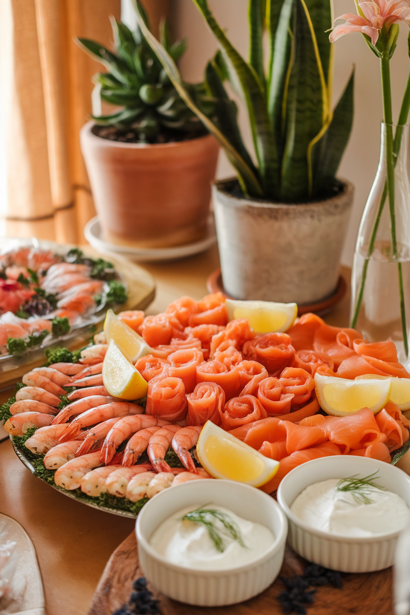 Indoor dining table featuring a chilled platter of cooked shrimp, smoked salmon pinwheels, lemon wedges, and dill crème fraîche; no logos or text present.