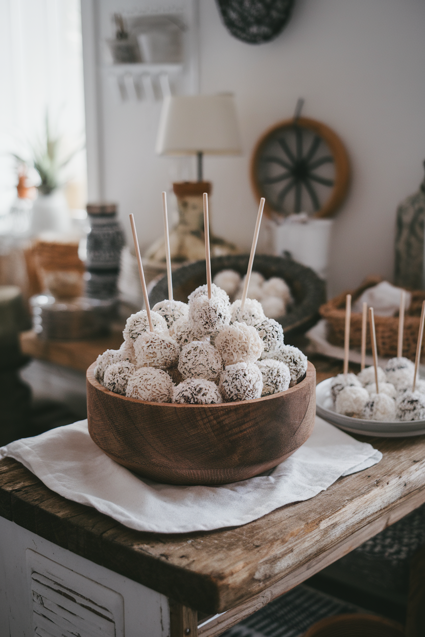 Photo, not illustration. Indoor rustic table. White chocolate–coated cake pops rolled in shredded coconut, arranged like snowballs in a wooden bowl. No text or logos present.