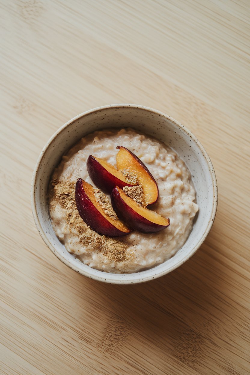 Indoor minimalist bowl with oatmeal topped with roasted plum wedges and a sprinkle of ground cardamom. No text or logos. Photo.