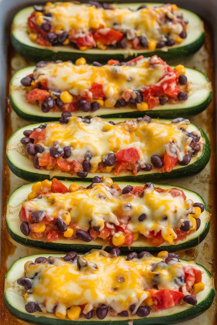 Photo of zucchini halves filled with black bean, corn, and tomato mixture, melted cheese on top, indoor baking dish. No text or logos.</Prompt