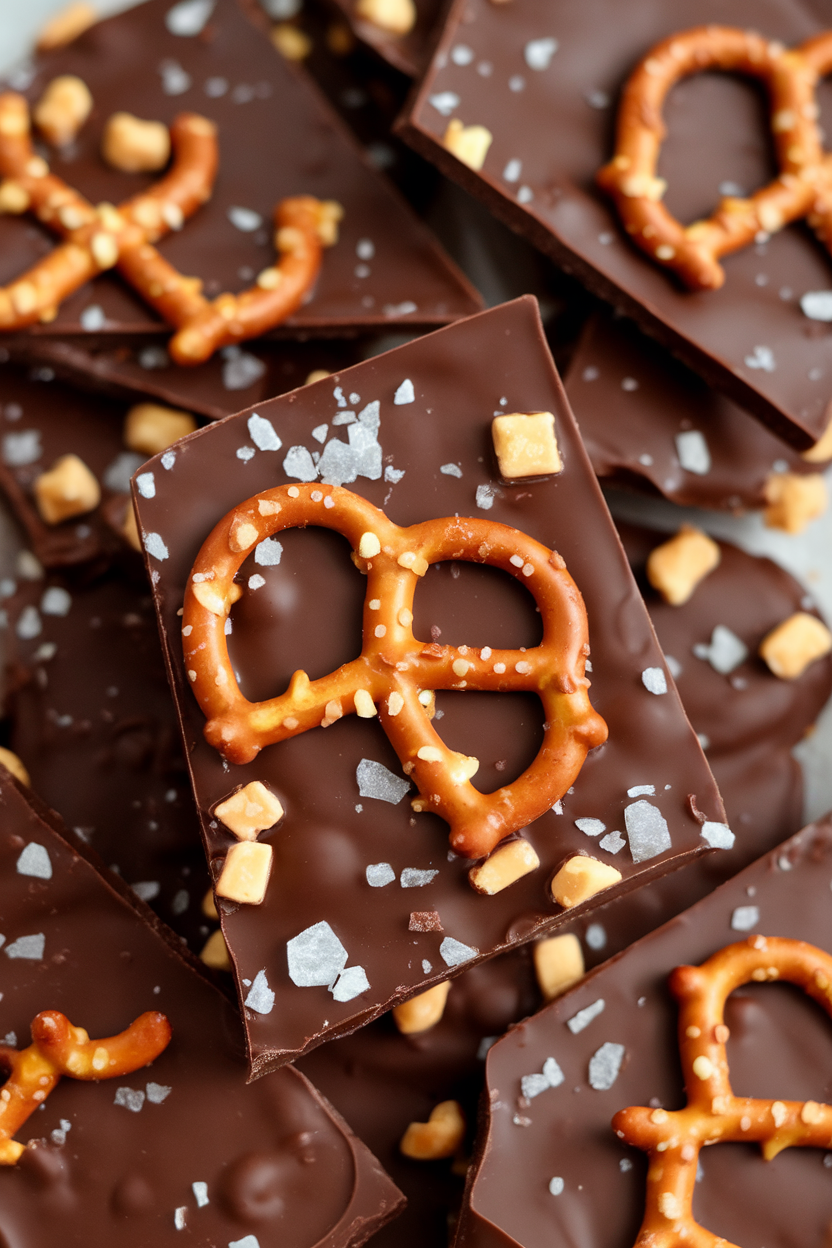 Indoor close-up of chocolate bark shards embedded with pretzels and toffee bits, flaky salt sprinkled on top; no text or logos.
