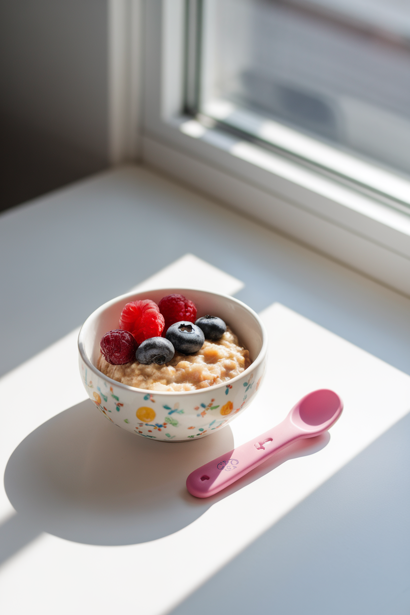 Indoor photo of a bright breakfast table featuring a small bowl of oatmeal topped with fresh berries and a kid-size spoon, soft morning light coming through a window, no text or logos