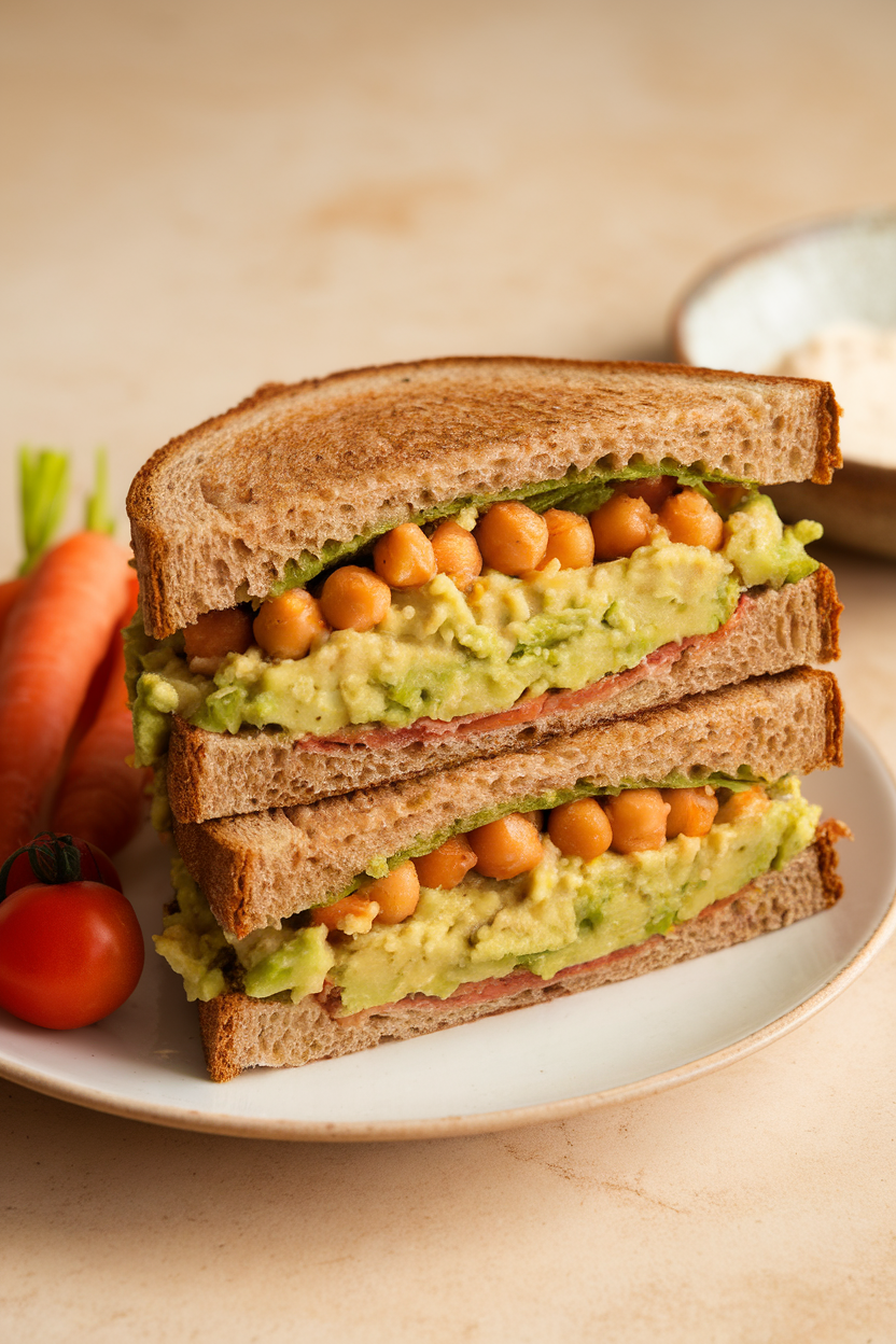 An indoor lunch plate showcasing a hearty whole-grain sandwich stuffed with mashed avocado and chickpeas, cut in half. No text or logos. Photo only.