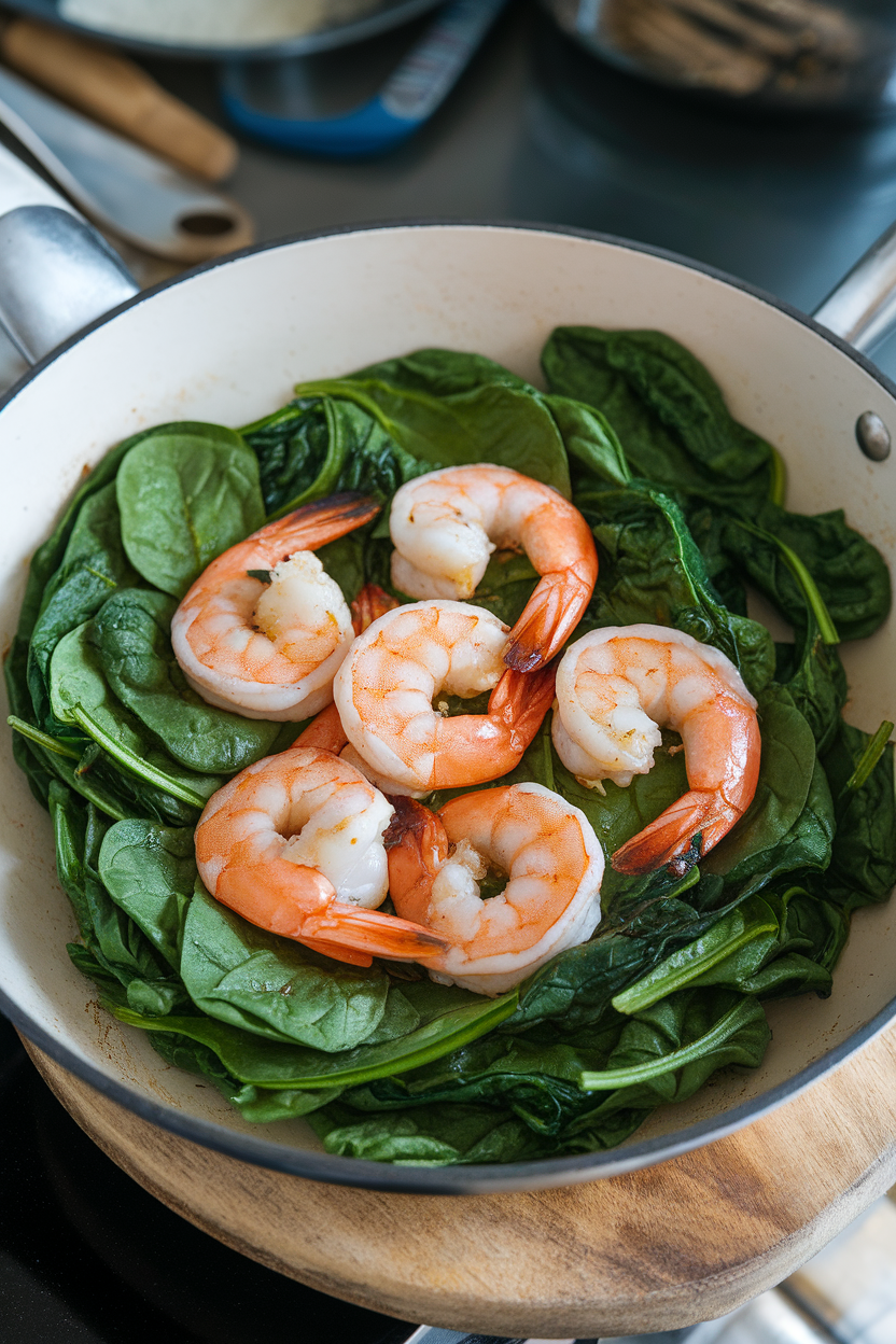Indoor photo of sautéed shrimp nestled on a bed of wilted spinach leaves in a white skillet; top lighting, no text or logos