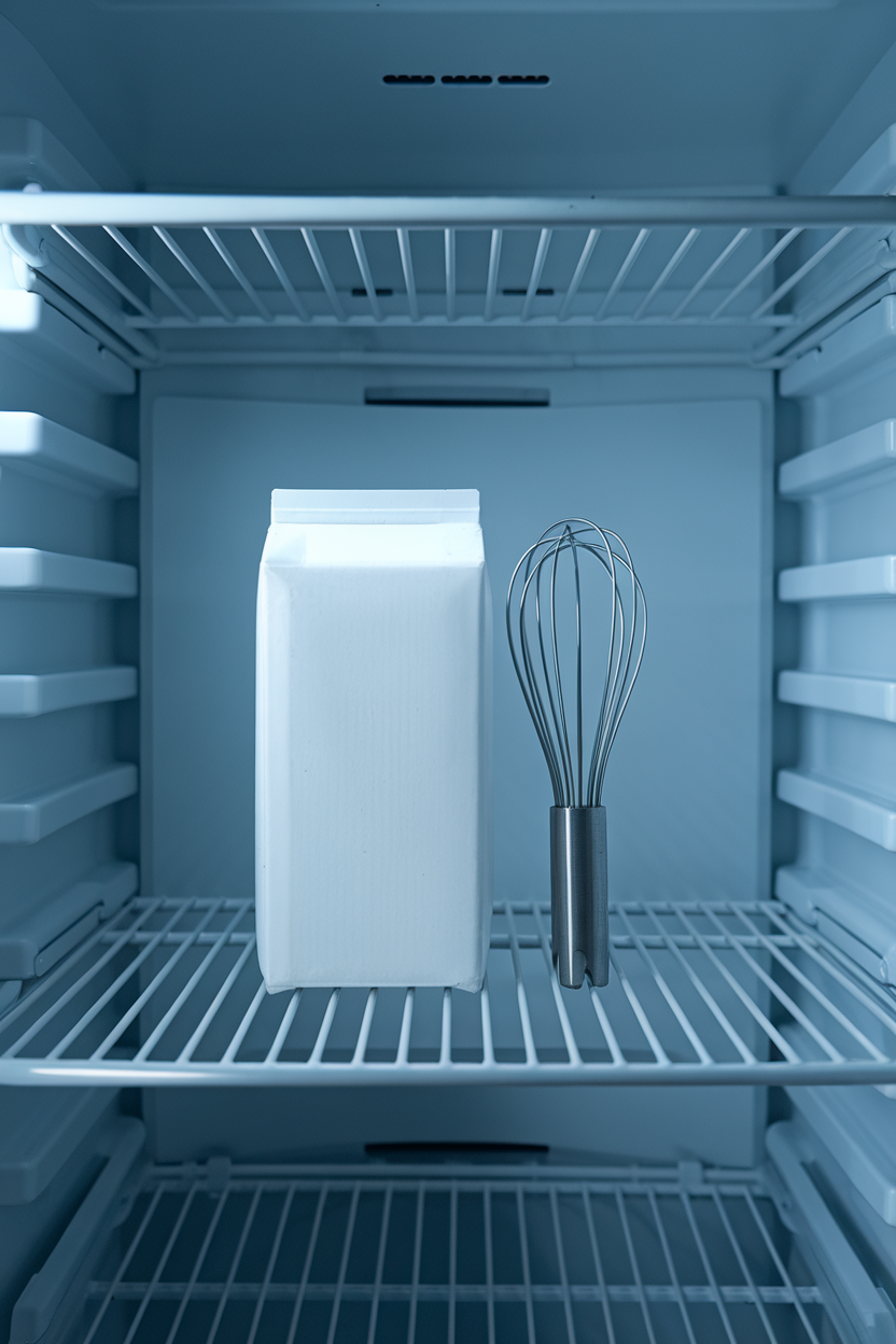Photo, indoor fridge shelf featuring a plain, label-free carton of egg whites next to a whisk, clean cool lighting.