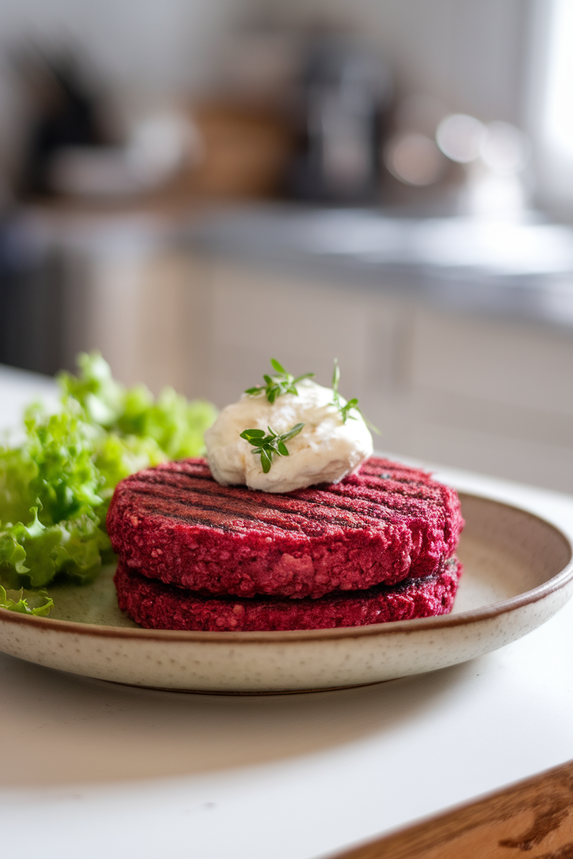 Photo of a vibrant beet-quinoa burger on a plate, bun-less, with a small scoop of goat cheese on top; indoor setting; no text or logos; photo, not illustration