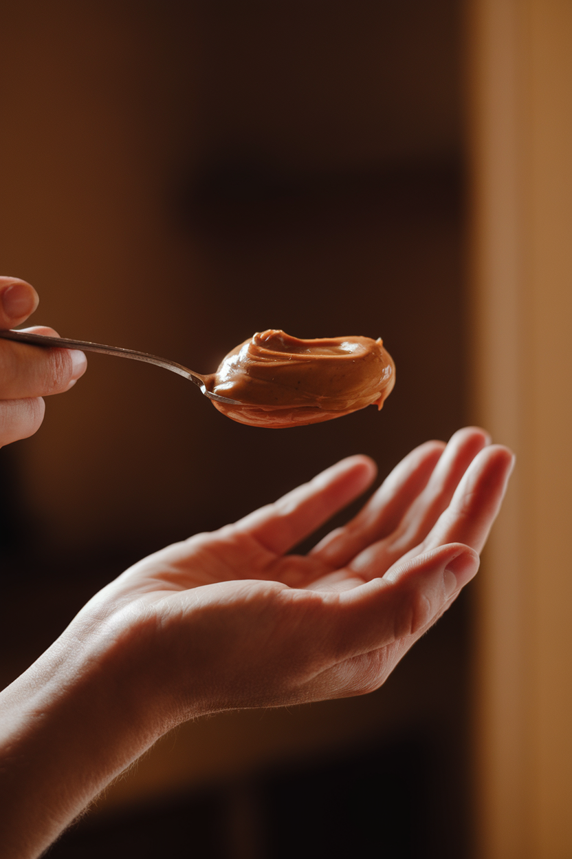 A close-up of a hand next to a spoonful of peanut butter equal in size to the person’s thumb tip, taken indoors under warm light. No text or logos.