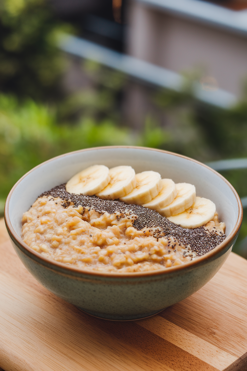 An indoor breakfast bowl of oatmeal sprinkled with chia and sliced banana—photo, no logos.