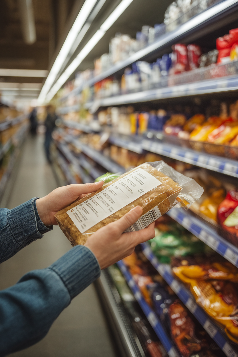 An indoor grocery aisle scene showing a person’s hands holding a food package, focusing on the ingredient list—no brand names, text illegible—photo.