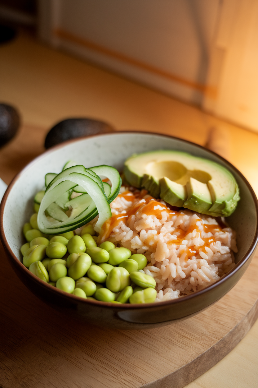 An indoor dinner bowl arranged with cooked brown rice, shelled edamame, thin cucumber ribbons, avocado slices, and a drizzle of soy-ginger dressing. No logos or text present.