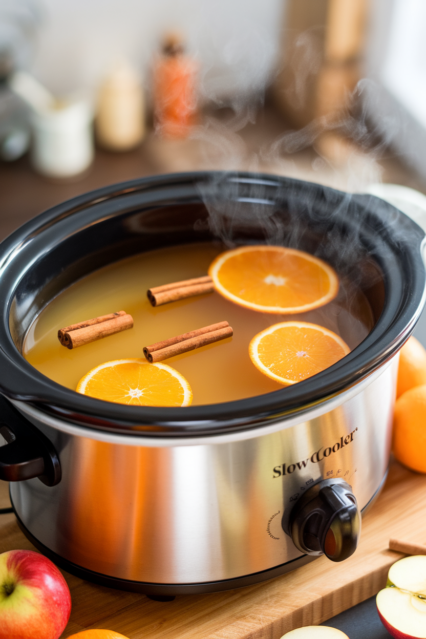 Indoor photo of a slow cooker filled with steaming apple cider, floating cinnamon sticks and orange rounds visible. No text or logos.