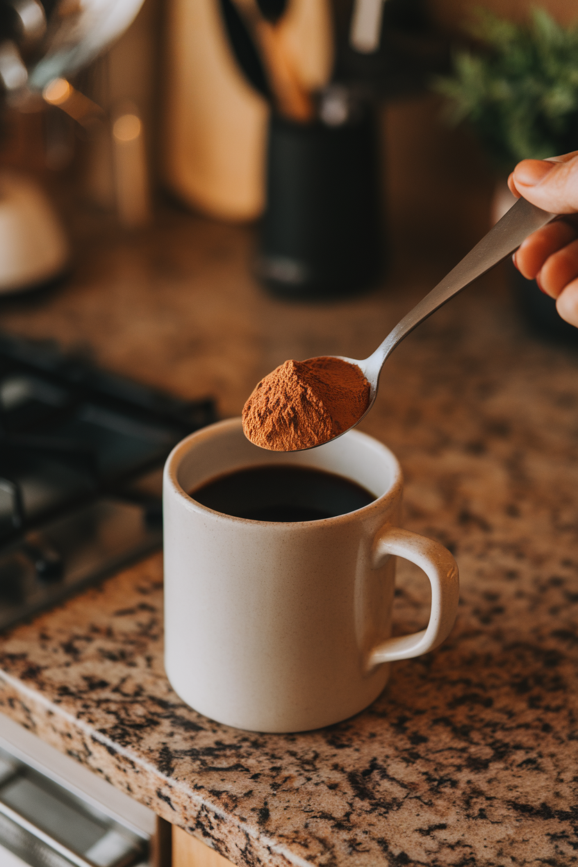 A spoon of cocoa powder being stirred into a mug of black coffee on a kitchen counter indoors; no text or logos; photo