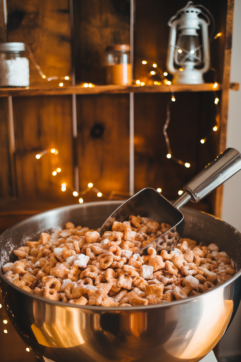 A large indoor mixing bowl brimming with powdered-sugar coated cereal pieces dusted with pumpkin spice, a metal scoop resting inside. Photo, no text or logos.