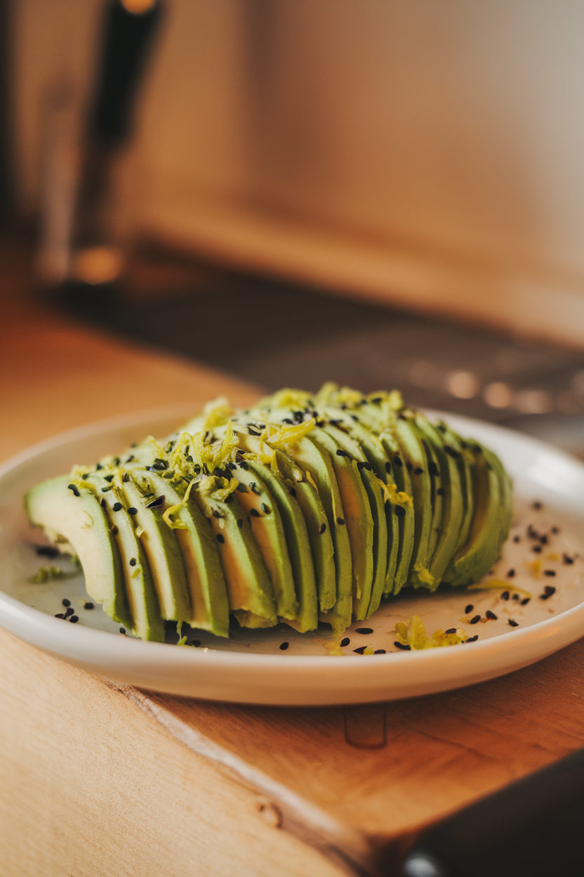 Indoor plate featuring fanned avocado slices sprinkled with lime zest and black sesame seeds. Warm light, no text or logos.