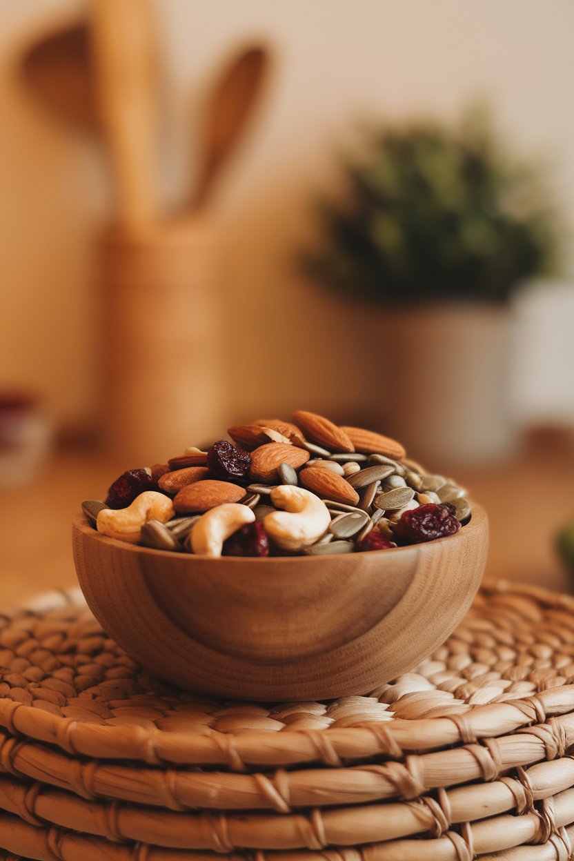 An indoor wooden bowl filled with almonds, cashews, dried cranberries, and sunflower seeds, shot overhead. No logos or text.